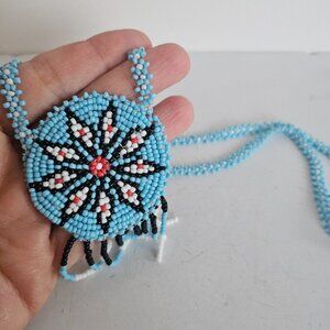 Native American seed bead medallion Star necklace Light Blue Leather Backing